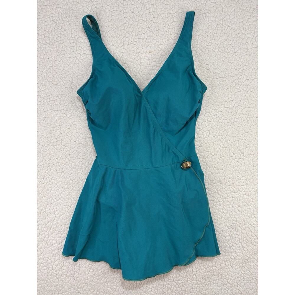 Vintage Christina One Piece Swimsuit Modest Swim Dress Wrap Teal Gold Button‎ 10
